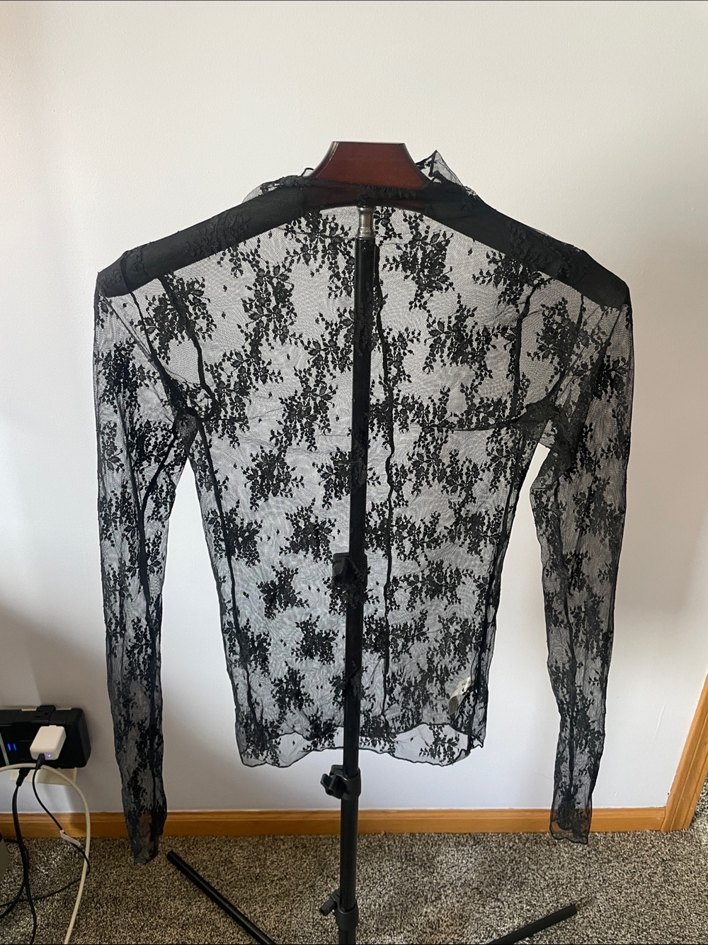 Free People Sheer Black Floral Lace Long-Sleeve Top